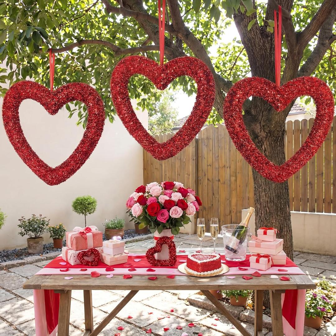 Large Heart Ornaments for Valentines 10 Inch 3D Glitter Heart Hanging Ornament for Tree Wreath Door Home Window Large Valentine's Day Wreath Wedding Holiday Decor(Red)