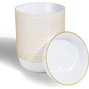 30 Pack 18oz White Plastic Bowls, Disposable Soup Bowls with Gold Rim Heavy Duty Salad Bowls for Party, Wedding