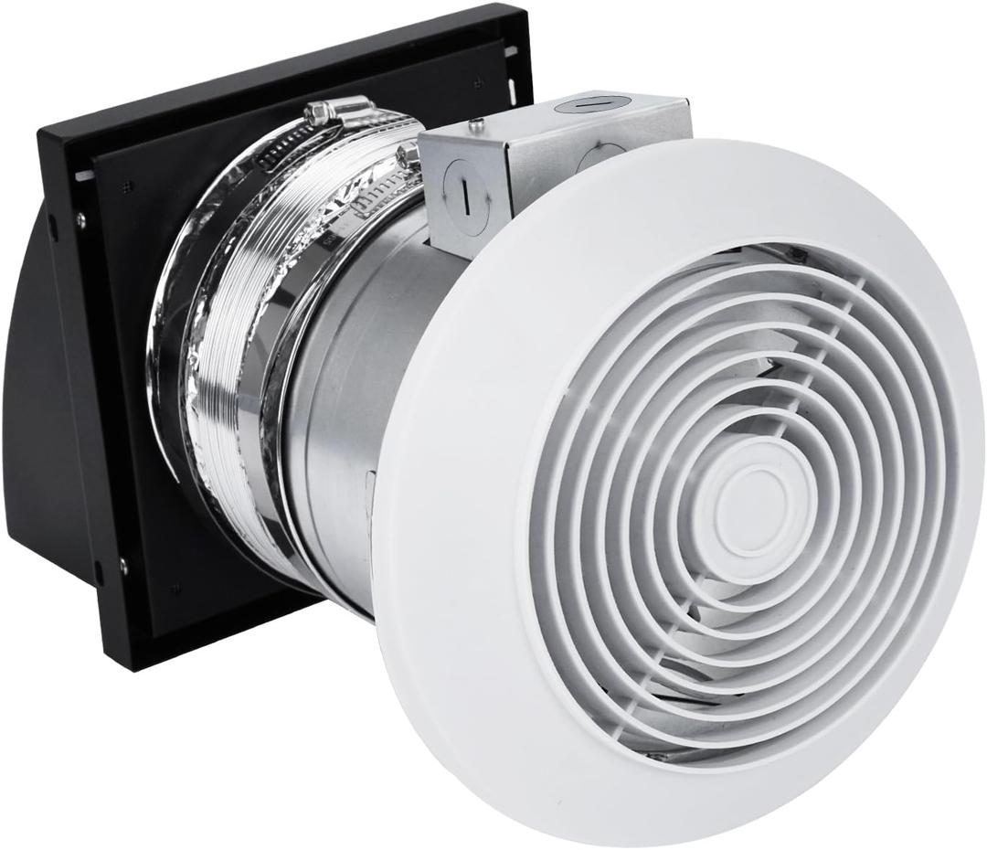 512M 6-inch Through Wall Exhaust Fan, Fast Deodorize, Dehumidify & Metal Exhaust Vent Cap, Corrosion-Resistant80 CFM 4.0 Sones, Bathroom Wall Exhaust Fan, with Retractable Duct&Non-Return Flap
