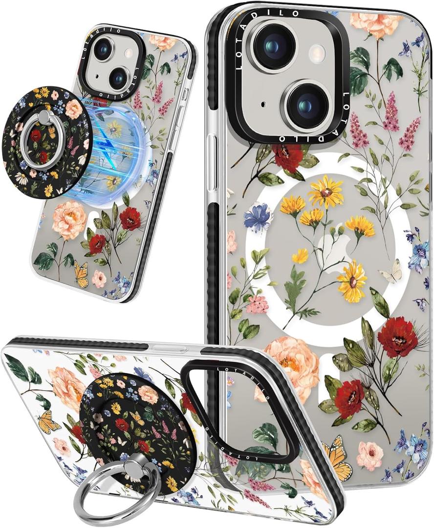 for iPhone 14 Plus Case for Women - Girls Kawaii Design Compatible with Magsafe Magnetic Ring Holder Stand Retro Flower Phone Covers Aesthetic Girly TPU Funda for 14 Plus