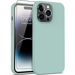 DEENAKIN Compatible with iPhone 14 Pro Max Case with Screen Protector,Soft Liquid Silicone Gel Rubber Bumper Cover,Slim Fit Shockproof Protective Phone Shell 6.7" Mint Green