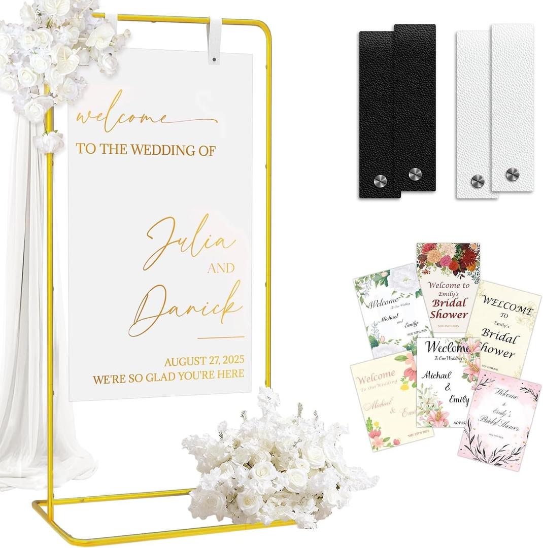 Wedding Welcome Sign Stand with Design Bundle & Leather Straps, 68Adjustable Wedding Sign Holder, Welcome to Our Wedding Sign Stand for Wedding, Party, Poster, Menu and Seating Chart