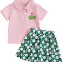 Toddler Girl Golf Outfit Short Sleeve Hole in One Polo Shirt and Golf Print Mini Skirt Set, 18-24mos