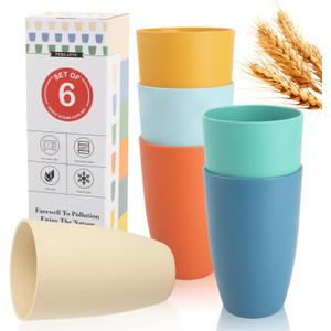 Wheat Straw Cups Set of 6, Unbreakable 20 OZ Reusable Cups, Alternative Plastic Drinking Glasses, Lightweight Tumbler for Kitchen Outdoor, Dishwasher Safe Tumblers & Water Glasses, Multi