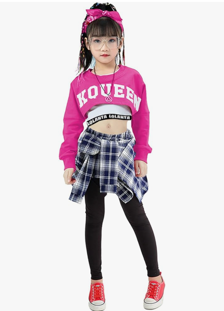 LOLANTA Girls' Hip Hop Dance Costumes 3-Piece Outfit Letter Print Long Sleeve Crop Top + Culottes Pantskirts + Vest ,Size130