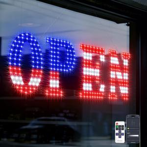 Open Sign for Business, 30"x10" Jumbo Open Sign with Timer and Remote Control, Dynamic Light Modes Led Signs for Storefront Window Bar Salon Cafes Retail Shops US Flag (White Red Blue)