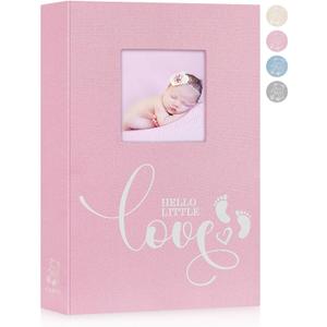 Lanpn Baby Photo Album 4x6 300 Pockets, Linen Hardcover Newborn Memory Book with Memo Writing Area, Bebe Photobook, Slip-in Picture Book, Ultrasound Album Keepsake Gifts for Girl Baby Shower Pink