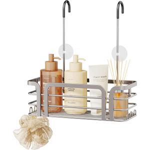 SWTYMIKI Shower Caddy Hanging Organizer - Over the Door Shower Caddy with 6 Hooks, 2 Installation Ways, Stainless Steel Rustproof Bathroom Organizer, Sand Nickel