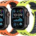 MoKo 2Pack Breathable Ocean Strap Compatible with Apple Watch Ultra 3/2/1 49mm,S11/S10 46mm,9/8/7 45mm,SE3/SE2/SE/6/5/4 44mm,3/2/1 42mm, Bicolor Silicone Sport Strap for Men Women (Orange Black+Lime Gray)