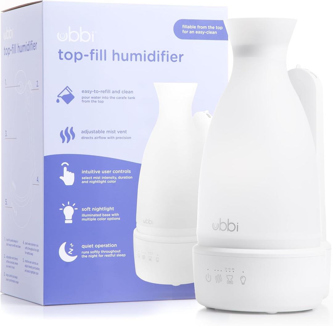 Ubbi Ultrasonic Humidifier, Easy Top-Fill Design, Adjustable Mist Control, Whisper-Quiet 25dB, Soft Night Light Glow for Nursery and Bedroom