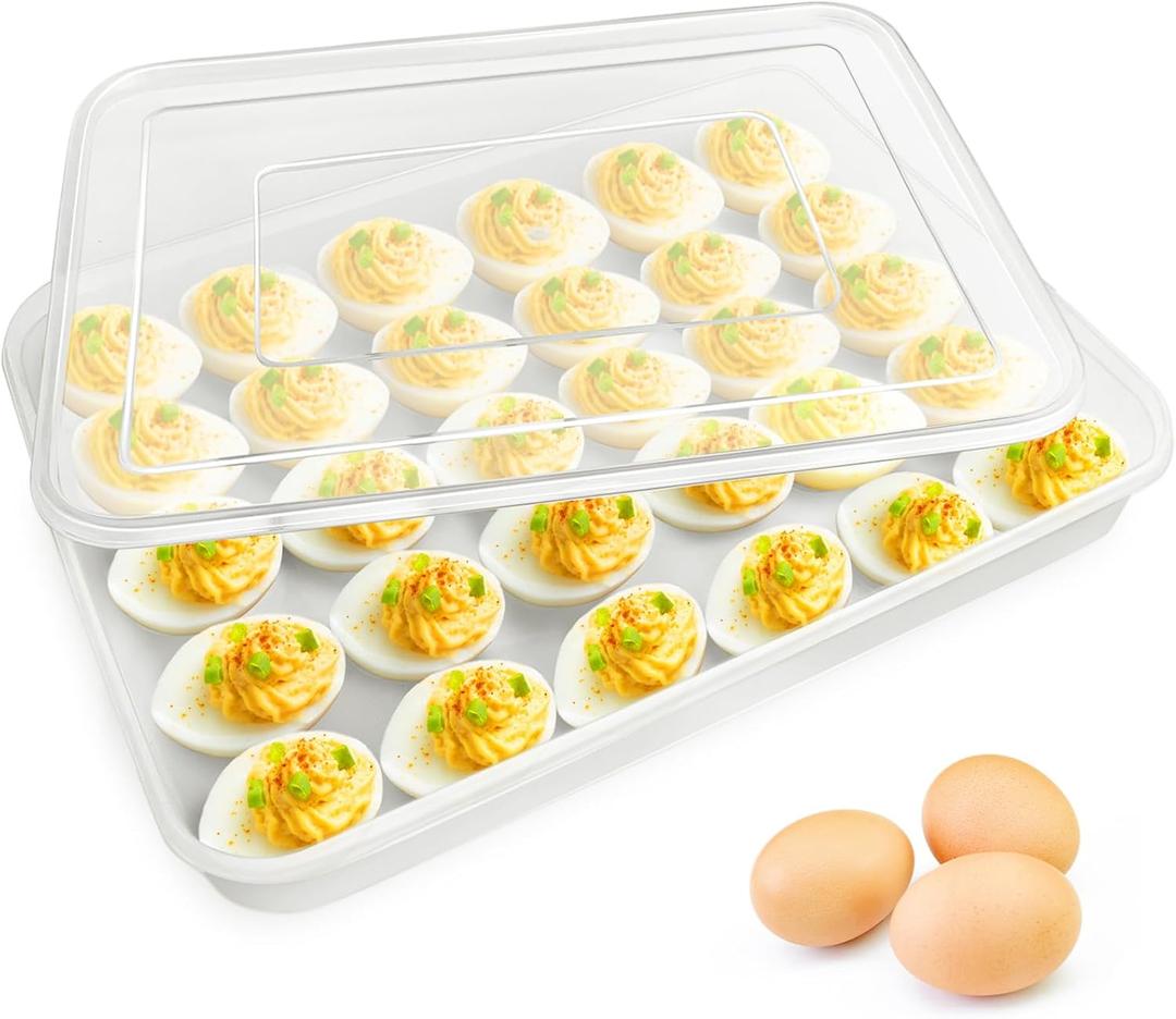 Covered Egg Holder for Refrigerator,30 Deviled Egg Tray with Lid,Plastic Egg Containers,Fridge Egg Dispenser Egg Storage Box