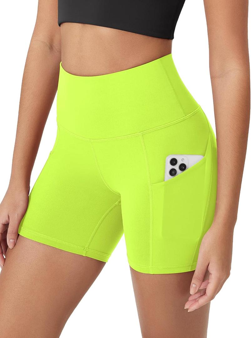 ODODOS Women's Tummy Control Biker Shorts 2.0 with Pockets High Waist Athletic Workout Yoga Shorts-3.5''/ 5"/ 8" / 10" Inseam (Neon Green Yellow)