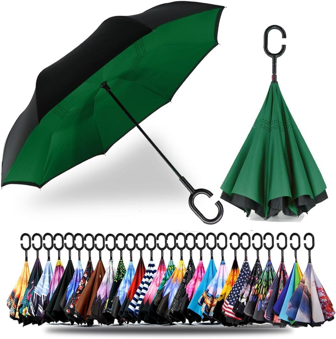 SIEPASA 49/56 Inch Inverted Reverse Upside Down Umbrella, Extra Large Double Canopy Vented Windproof Waterproof Stick Golf Umbrellas with C-shape Handle. (Green)