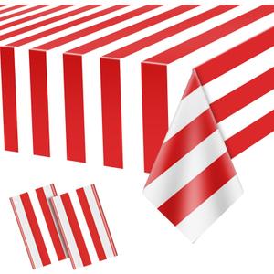 Carnival Theme Party Decorations Tablecloths, Circus Plastic Table Covers Rectangle Disposable Red and White Striped Tablecloth Supplies for Kids Birthday Movie Night Christmas, 87'' x 51'', 2pcs