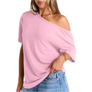 One Shoulder Tops for Women Summer Short Sleeve Shirts Dressy Casual Off The Shoulder Top Oversized Tshirts Blouses (Medium, D04 Pink)