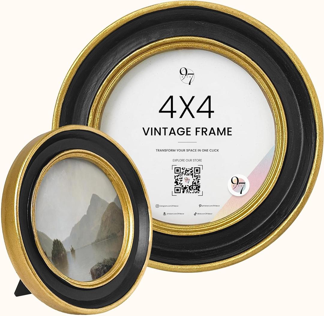 97 Decor Small Round Picture Frame 4x4, Elegant Vintage Frame 4 Inch For Tabletop And Wall Hanging, Black and Gold Circle Frames Antique Wall Decor For Home, Bedroom