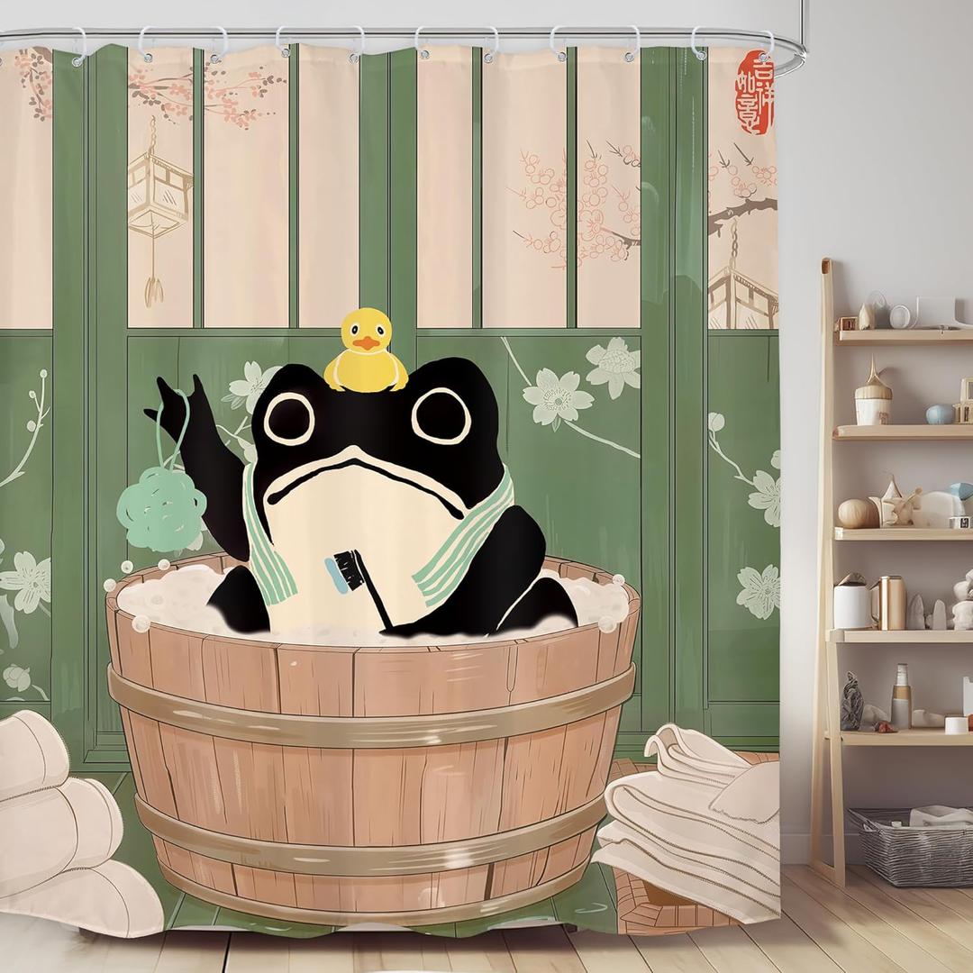 LGhtyro Funny Frog Shower Curtain Bathroom Set 71Wx78H Inches Cute Animal Cherry Blossom Japanese Asian Style Traditional Wooden Board Bath Accessories Rubber Duck Art Home Decor Fabric 12 Pack Hooks