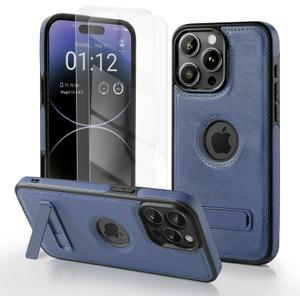 Phone Case for iPhone 16 Pro Max Leather with Screen Protector (2 Packs), Slim Adjustable Kickstand Protective for Apple iPhone 16 Pro Max Phone Case Leather Blue