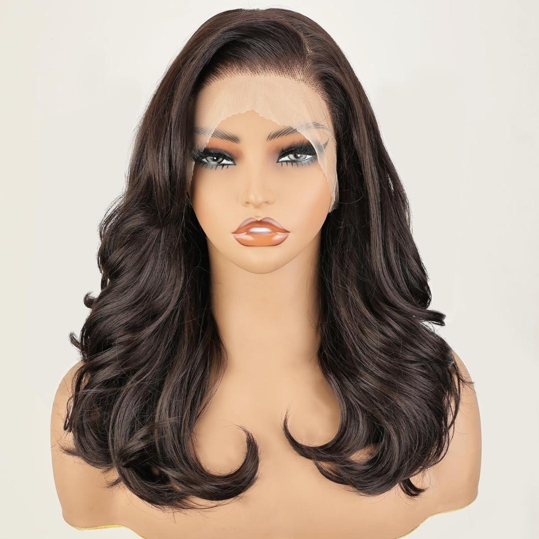 SOKU 13X6 Chocolate Brown Lace Front Wigs Pre Layered, 18 Inch Short Wavy Glueless Wigs Pre Plucked, Body Wave Synthetic Lace Front Wigs for Women