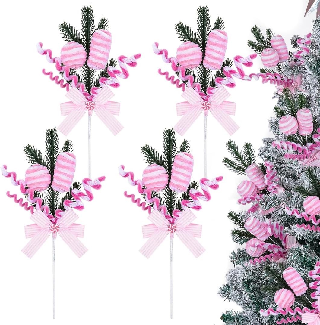 Candy Christmas Tree Picks Set of 4, 15 Inch Peppermint Candy Ornament Sprays with Bow and Greenery, Pink & White Candy Cane Christmas Decorations for Tree, Candyland Holiday Decor