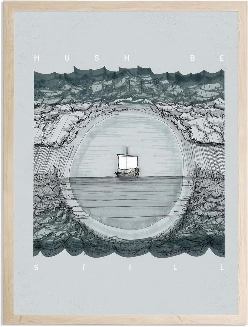 LQOZTBX Jesus Wall Art Hush Be Still Canvas Poster Jesus Boat Print Redemption Art Aesthetics Paintings Bible Sketches Wall Decor for Living Room Bedroom Unframed 16x24