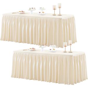 2 Packs Light Champagne Polyester Table Clothes for 6 Foot Rectangle Tables, Wrinkle Free Fitted Table Cover 6ft Stretch Tablecloths with Skirt for Parties Weddings Birthday Banquet Baby Shower