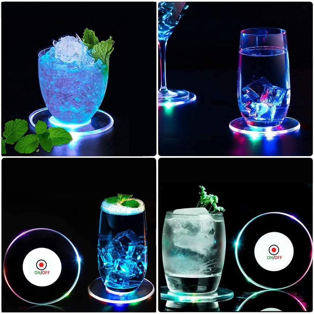 6 PCS Colorful LED Cocktail Coaster, Ultra-Thin LED Drink Coaster Luminous Coaster, Non-slip & Waterproof Transparent Beer Beverage Coasters with 6 PCS Extra Batteries for Club Bar Party Wedding Decor