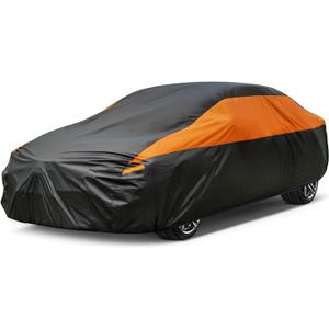Car Cover for Automobiles All Weather Waterproof, Universal Fit Sedan Ford Mustang, Chevy Camaro/Malibu, Kia Optima, Hyundai Sonata, Nissan Altima, Volkswagen Passat, Tesla Model 3 etc. (Black-Orange)