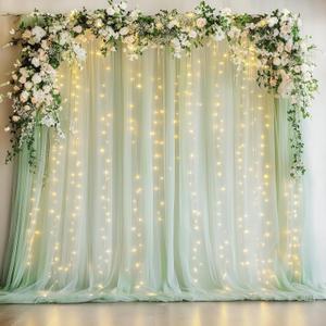 Fomcet Sage Green Tulle Backdrop Curtains with Lights String 10FT X 8FT Sheer Curtain with Lights Tulle Curtains Backdrop for Wedding Birthday Party Photo Shoot (2 Panels 5x8FT)