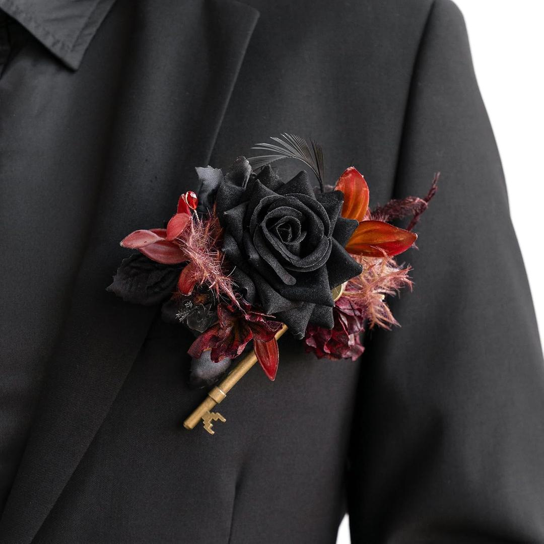 Ling's moment Pocket Boutonniere Single, Boutonniere for Men Groom for Wedding, Prom, Homecoming, Anniversary, Graduation, etc.Black Gothic Burgundy, 6" W x 5" H
