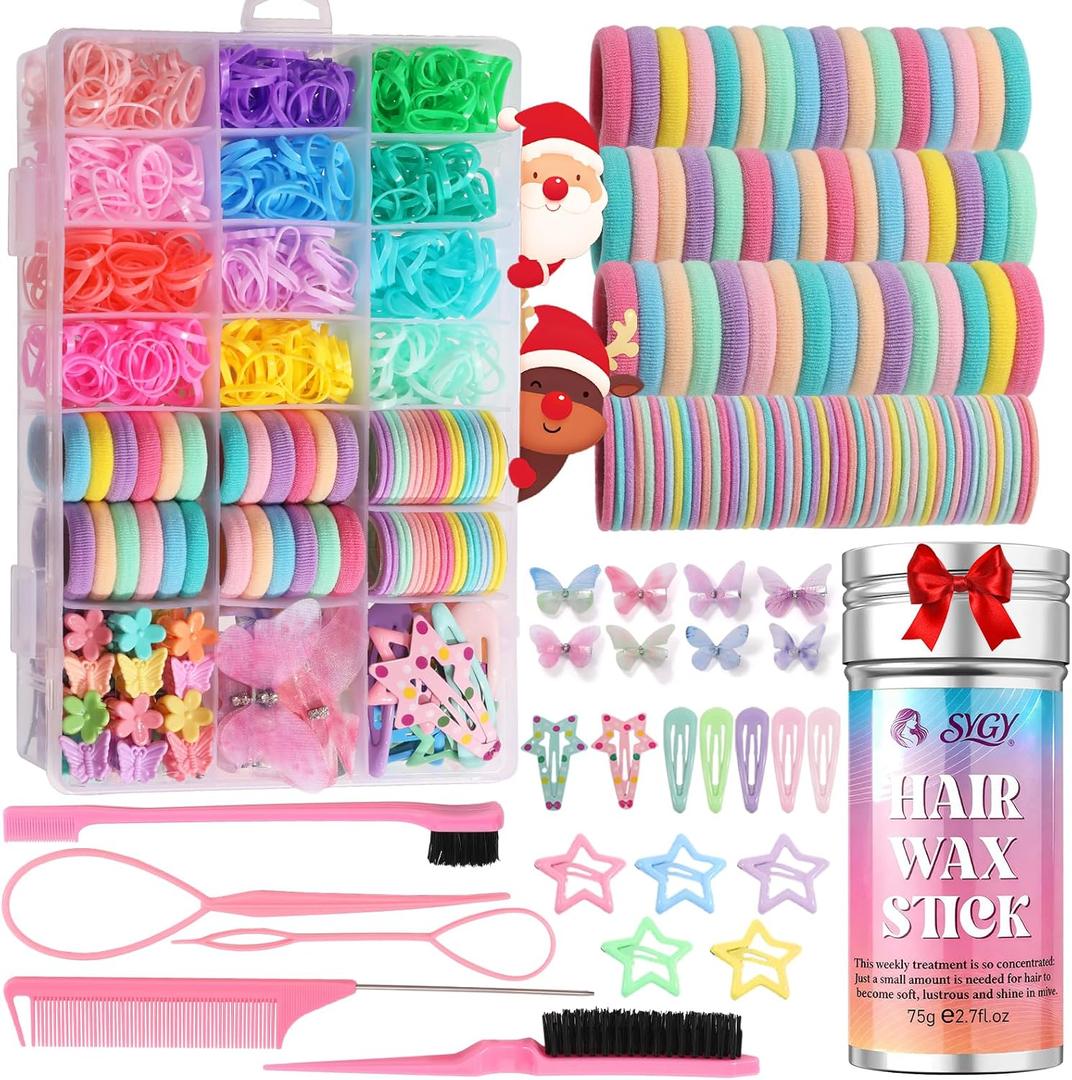 Hair Accessories for Girls, 1350P Colorful Hair Ties with 44P Hair Clips, Glitter Butterfly Hair Clips, Hair Wax Stick, Butterfly Hair Claws, Hair Barrettes with Comb Set&Organizer Box, Christmas Gift