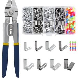 Fishing Crimping Tool Kit Stainless Steel Crimp Pliers Wire Rope Crimping Tool + 590pcs Crimp Sleeves Beads Kit, 8 Crimping Sizes