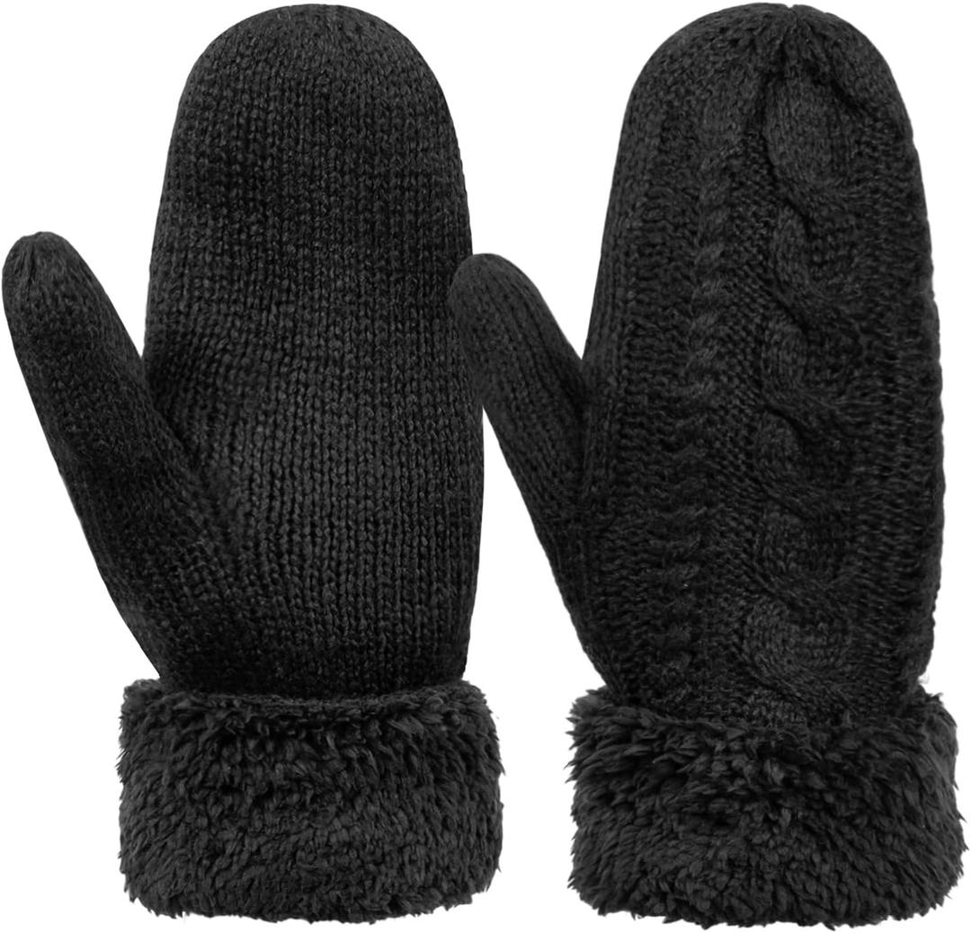 White Winter Warm Mittens for Women Thick Knitted Fuzzy Soft Gloves for Cold Weather Outdoor and Indoor (Black)