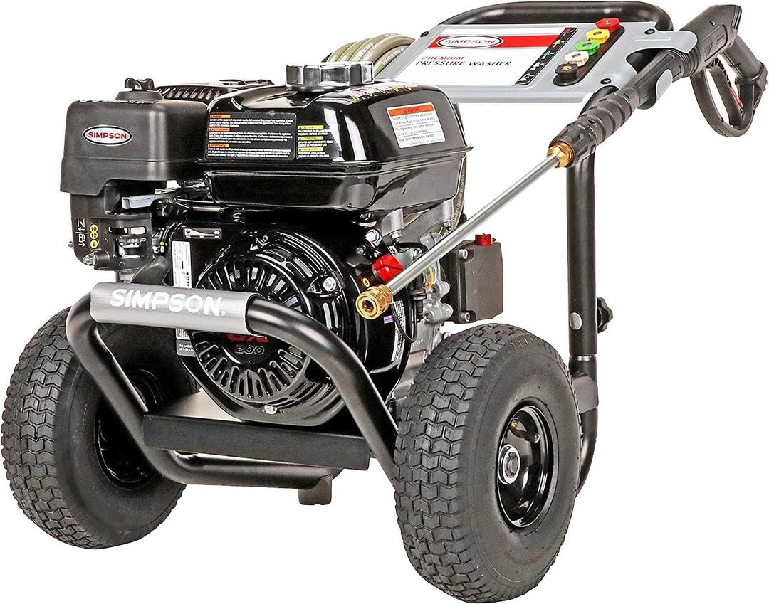 SIMPSON Cleaning PS3228 PowerShot 3300 PSI Gas Pressure Washer, 2.5 GPM, Honda GX200 Engine, Includes Spray Gun and Extension Wand, 5 QC Nozzle Tips, 5/16-inch x 25-foot MorFlex Hose, 49-State
