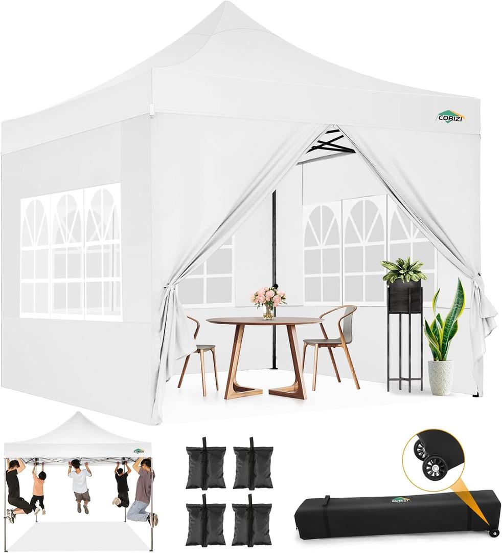 COBIZI 10x10 Pop Up Canopy with Sidewalls Heavy Duty Party Tent with Removable Awning Easy Up Outdoor Canopy Wedding, All Season Windproof&Waterproof with Roller Bag UPF 50+, White