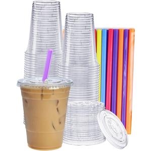 GUSTO [16 oz. - 100 Count Clear Cups with Flat Lids & Straws - Disposable Clear Drinking Cups for Iced Coffee, Cold Drinks, Milkshakes, and Smoothies - Formerly Comfy Package