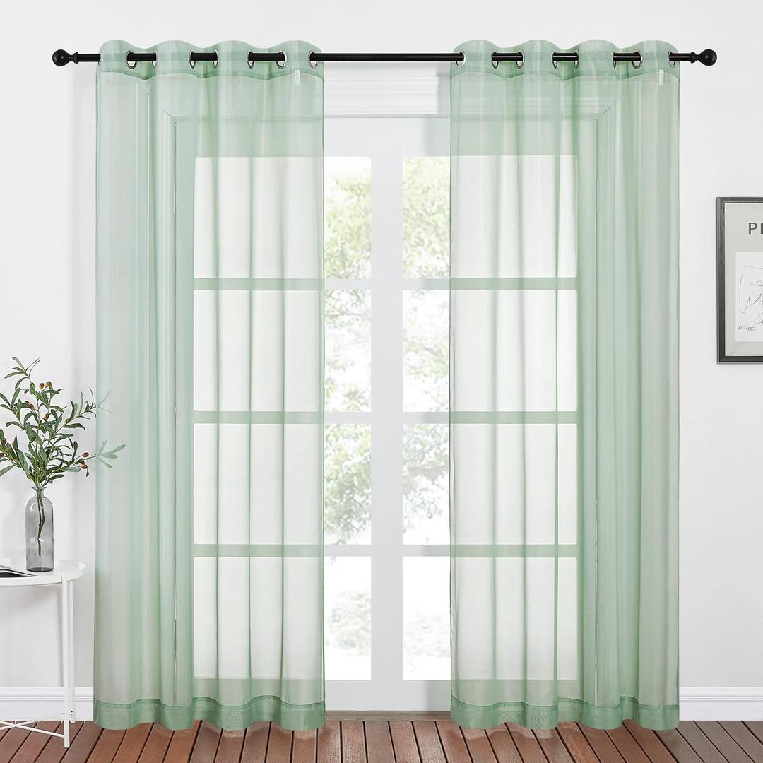 NICETOWN Sheer Window Curtains for Farmhouse, Ring Top Voile Textured Window Treatment Vertical Panels for Study Room/Bedroom/Living Room, Sage Green, W54 x L84, 2 Panels