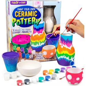 Made By Me Paint Your Own Ceramic Pottery, Fun Ceramic Painting Kit for Kids, Paint Your Own Ceramic Pottery Dish, Flower Pot, Vase & Bowl, Great Staycation Activity for Kids Ages 6, 7, 8, 9, Multi