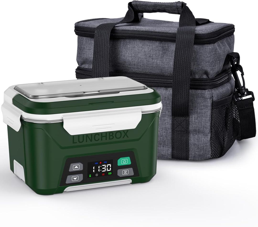 EAST OAK Cordless Electric Lunch Box for Adults, Heated Lunch Box Battery Powered with Automatic Heating, 5.5 Cups Portable Food Warmer with Insulated Carry Bag (Green - Double-layer Bag)