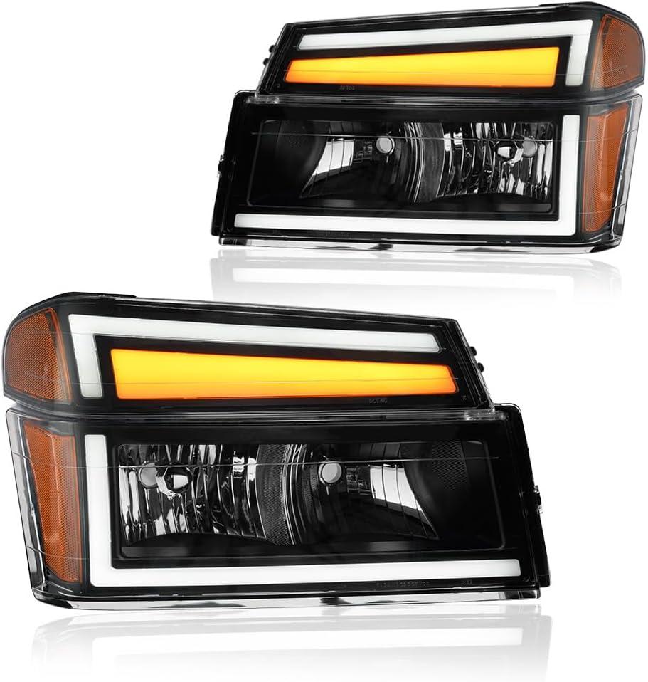 LED DRL Headlight, Headlights Assembly Kit Compatible with 2004-2012 Chevy Colorado/2004-2012 GMC Canyon Replacement Headlamp Black Housing Amber Reflector