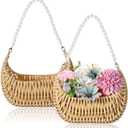 2 Pcs Rattan Flower Girl Basket with Pearl Handle Small Half Moon Wicker Basket for Wedding Flower Girl Picnic Garden Storage and Home Decor (Light Brown)