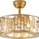 Gold Crystal Fandelier Kitchen Caged Ceiling Fan Light for Bedroom with Remote Control Modern Bladeless Brass Ceiling Fan Lighting Fixture for Dining Room Living Room