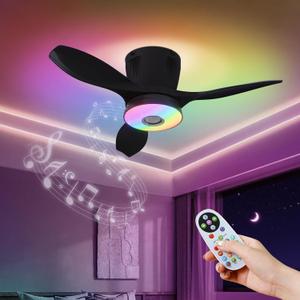RGB Fan Light with Bluetooth Speaker, 21" Low Profile Ceiling Fan with Light Remote Control, 3CCT Stepless Dimmable, Night Mode, Memory Function, for Bedroom Living Room Kitchen Garage, Black