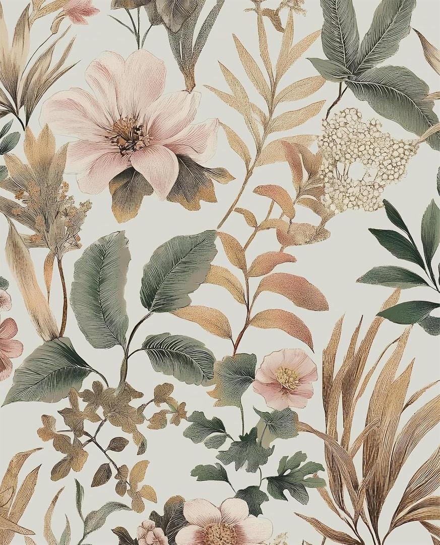 Vintage Floral Peel and Stick Wallpaper Pink Green Gold Botanical Contact Paper Vinyl Self Adhesive Removable Retro Leaf Wall Mural for Living Room Walls Cabinet Dresser Table Decor 17.5" x 118"