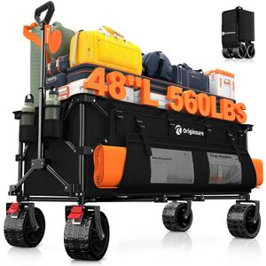 48" L Collapsible Wagon Cart Foldable, 560lbs Weight Capacity 300L Heavy Duty Folding Beach Wagons with Big All-Terrain Wheels, Utility Carts for Groceries, Shopping, Camping, Sports - Black