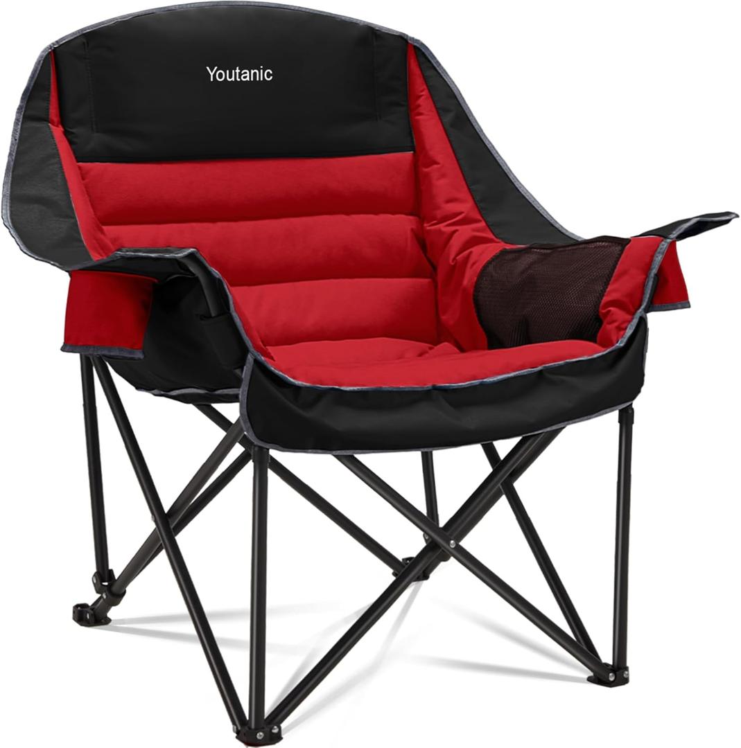 Oversized Camping Chair, Portable Folding Camping Chairs with Side Pocket, Cup Holder and Carry Bag, Heavy Duty Outdoor Camping Chairs for Adults, Fishing, Sports, Trip, up to 400lbs, Style 5 (Red / Black)