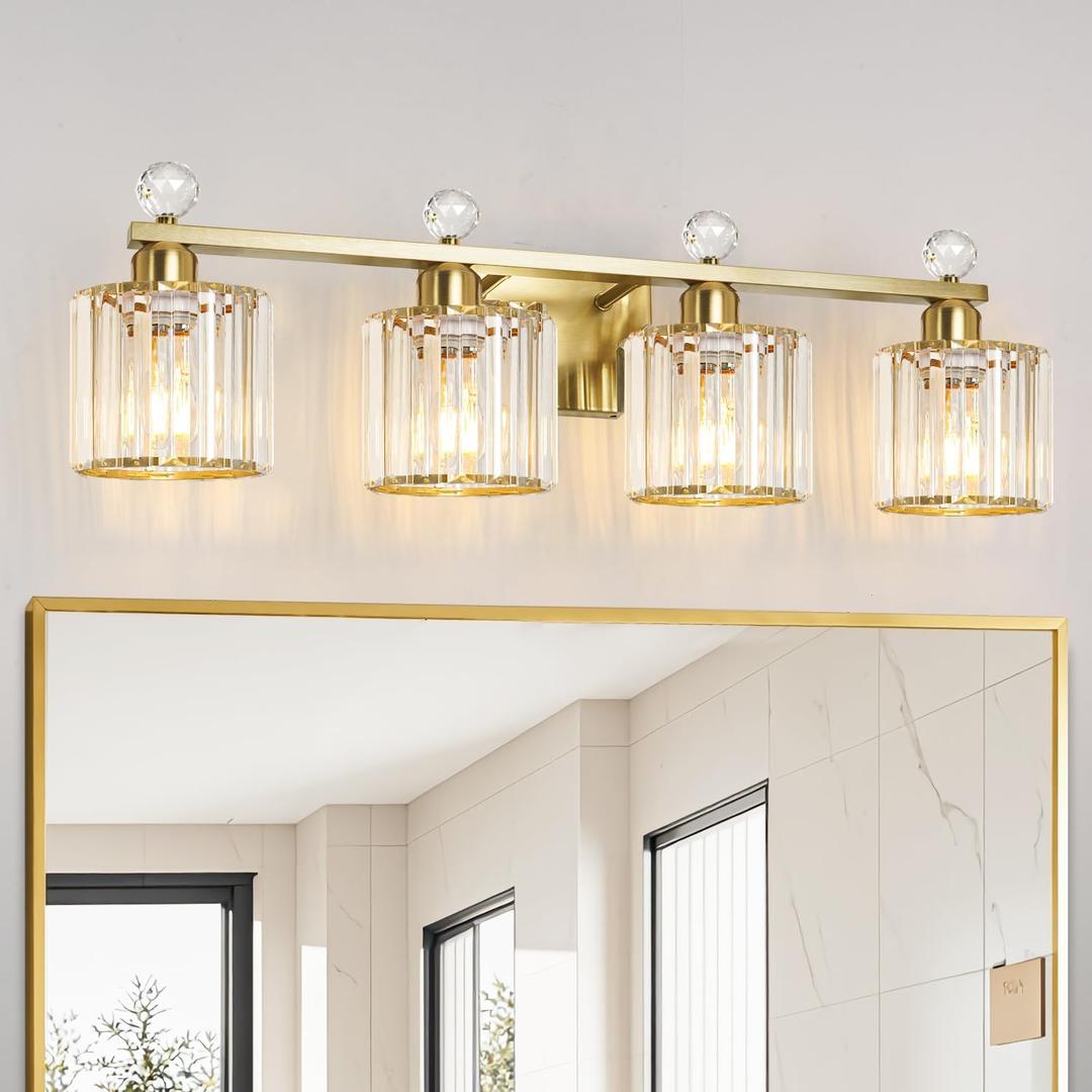 Modern Crystal Bathroom Vanity Light, 4-Lights Bathroom Light Fixtures, Brass Gold Vanity Lighting Fixtures Over Mirror, Brushed Wall Sconce Light for Bedroom, Kitchen, Living Room, Gallery, E26 Base, 4 light-Round