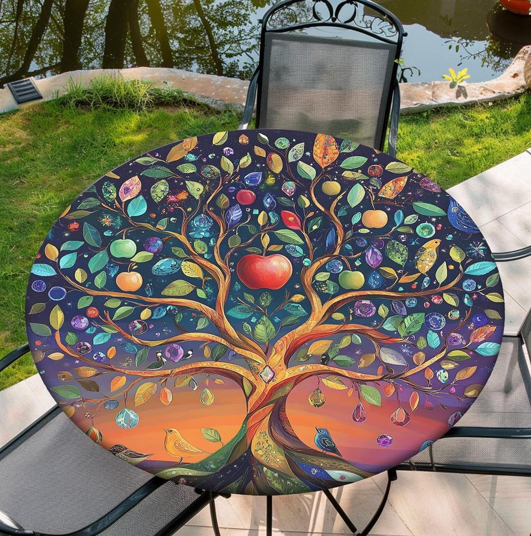 Round Fitted Tablecloth with Elastic, Waterproof Tablecloth for Kitchen Party Picnic, Tablecover for 38"-42" Table, 44Inch Tablecover, Life Tree