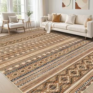 Large Living Room Area Rug 9x12: Soft Machine Washable Boho Moroccan Farmhouse Rugs for Bedroom Under Dining Table - Non-Slip Neutral Morden Indoor Floor Carpet for Home Office - Brown/Beige