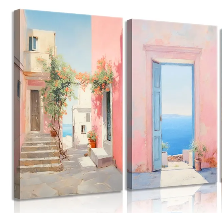 2Pcs Trendy Pink Beach Canvas Wall Art Pastel Preppy Coastal Ocean Painting Picture Wall Decor Retro Sea Beachy Scene Posters Print Artwork for Teen Girl Dorm Girls Room Aesthetic Decor 16x24in